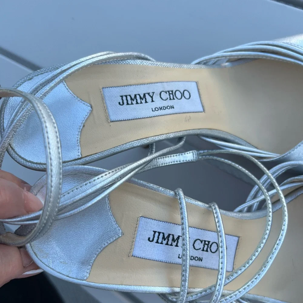 Jimmy Choo Silver Metallic Ankle Strappy Stiletto Heels - Picture 5 of 8